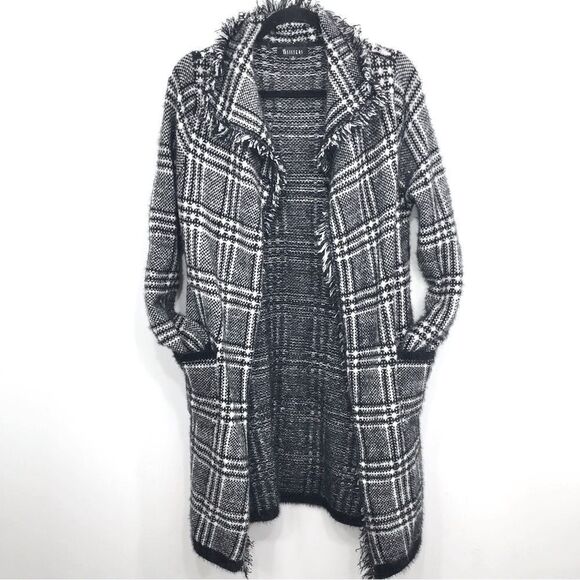 Two Sisters Black White Plaid Fringed Long Cardigan Sweater Coat - Picture 1 of 16